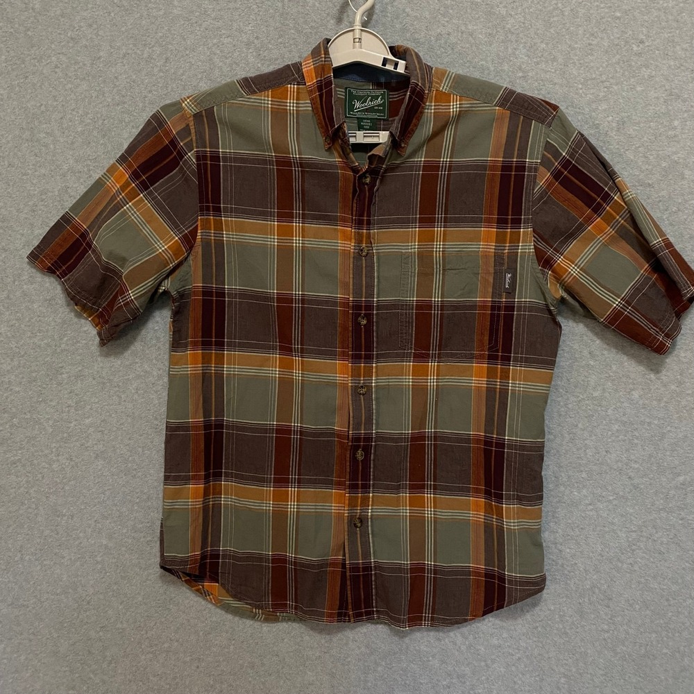 WOOLRICH Mens Medium‎ Plaid Button Down Shirt Brown Orange Green Short Sleeve